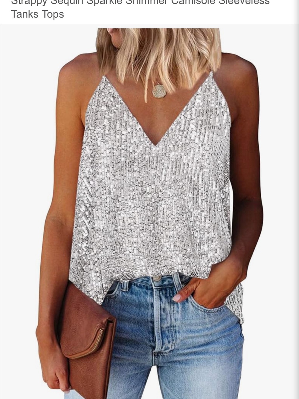 Sequined V-Neck Sleeveless Tank Top - Silver